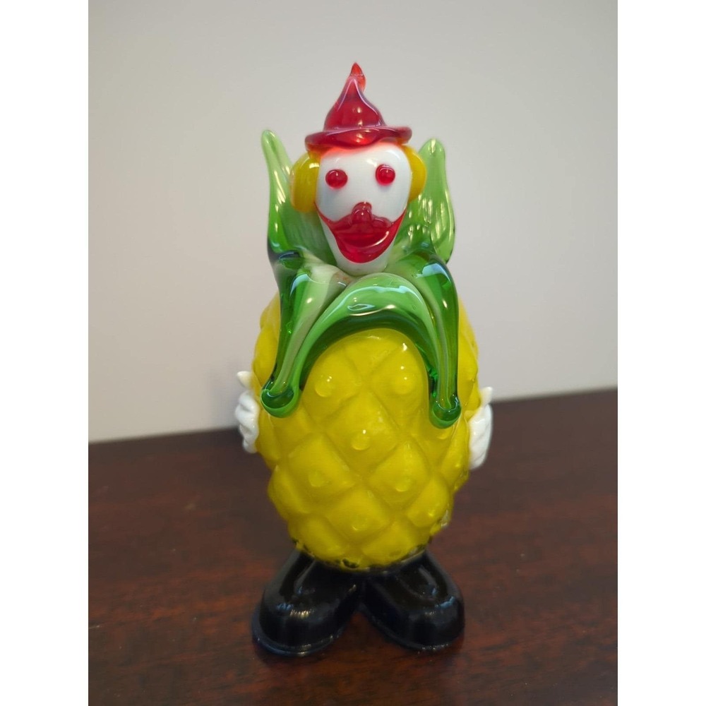 Vintage Murano Style Art Glass Clown Figurine Yellow Green Red Blue Base 6”